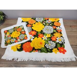 Vintage Cannon Bath Towel Washcloth Set MCM Retro Floral 70s USA